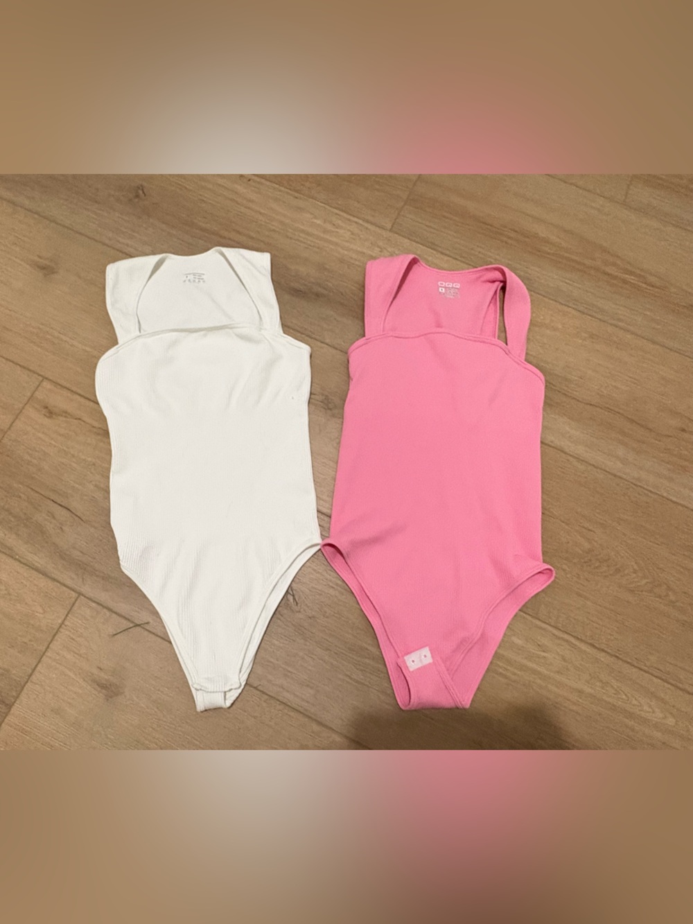 Pink and White Tank Bodysuits - Ribbed Sleeveless Tops